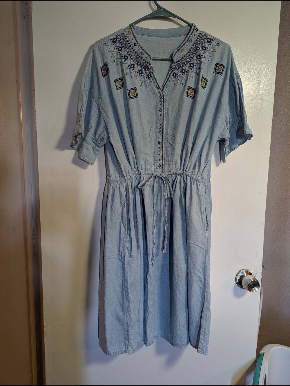 100%cotton light blue embroidered denim styled dress